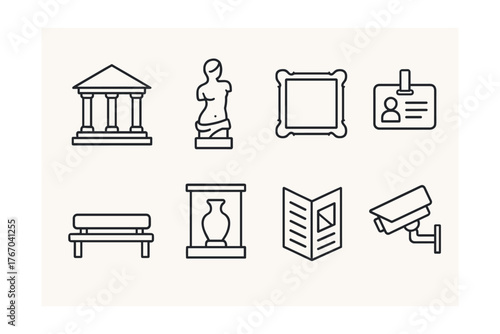 Line vector icons of art museum: museum facade, sculpture, painting frame, visitor pass, bench, artifact case, brochure, security