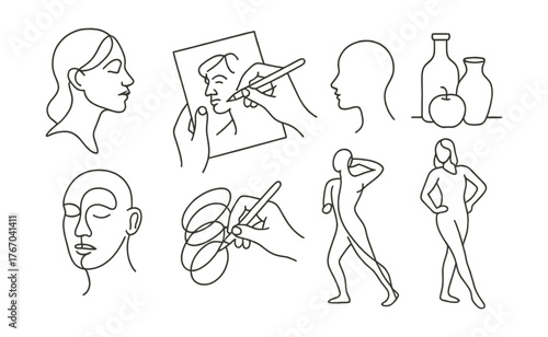 Line vector icons of contour drawing: continuous line, hand sketch, profile line, still life setup, blind contour icon, warm-up