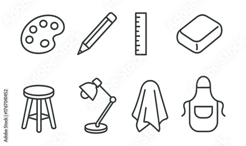 Line vector icons of artist’s tools: painter’s palette, sketching pencil, ruler, kneaded eraser, stool, studio lamp, protective