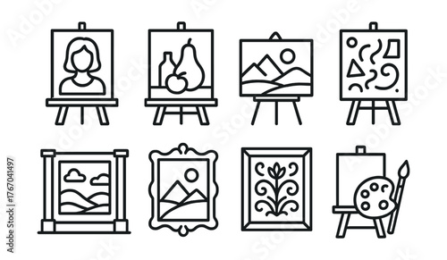 Line vector icons of painting types: portrait, still life, landscape, abstract, mural, miniature, decorative art, plein air. No