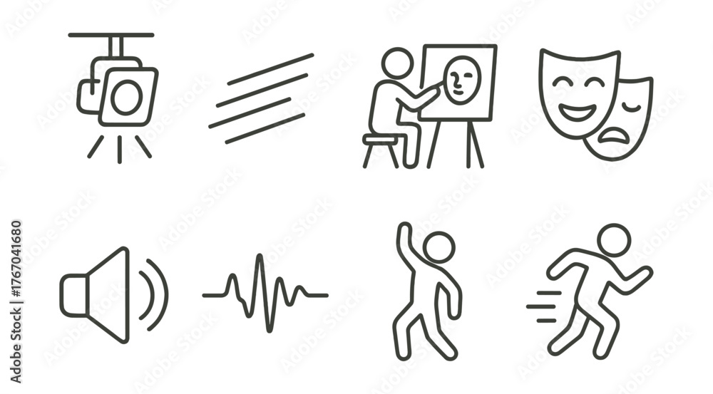 Fototapeta premium Line vector icons of performance art: stage light, movement lines, live sketch, emotional mask, speaker icon, sound wave, body