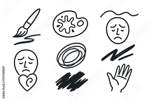 Line vector icons of expressive painting: bold brush, palette splash, mood line, intense stroke, inner emotion, color story,
