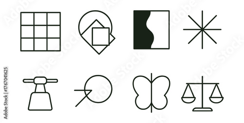 Line vector icons of visual composition exercises: abstract grid, layered shapes, positive-negative space, radial balance, weight