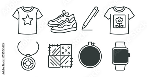 Line vector icons of wearable art: custom t-shirt, painted shoes, fabric marker, clothing print, handmade accessory, patchwork