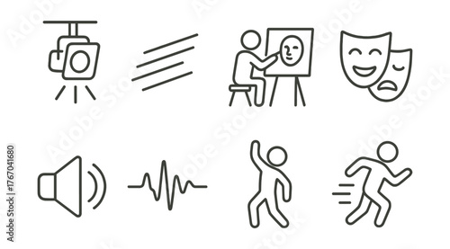 Line vector icons of performance art: stage light, movement lines, live sketch, emotional mask, speaker icon, sound wave, body