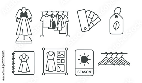 Line vector icons of clothing collection: runway outfit, capsule wardrobe, color palette, textile tag, preview sketch, moodboard,