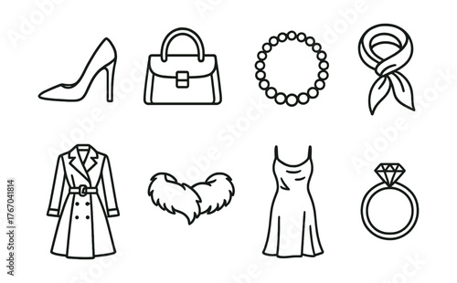 Line vector icons of luxury fashion: high-end heels, leather handbag, pearl necklace, silk scarf, designer coat, fur trim, satin