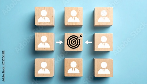Business teamwork targeting success and collaboration with people and target blocks