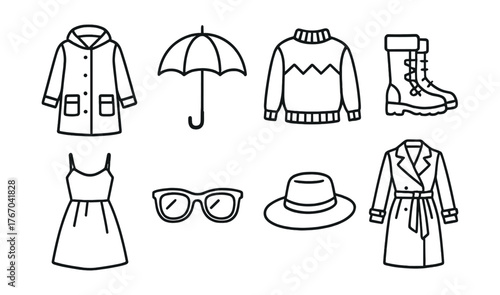 Line vector icons of seasonal fashion: raincoat, umbrella, wool sweater, snow boots, summer dress, sunglasses, straw hat, trench