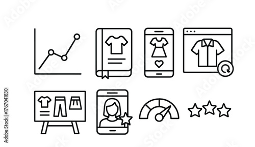 Line vector icons of fashion trend analysis: trend graph, archive book, social feed, past season review, trend board, influencer
