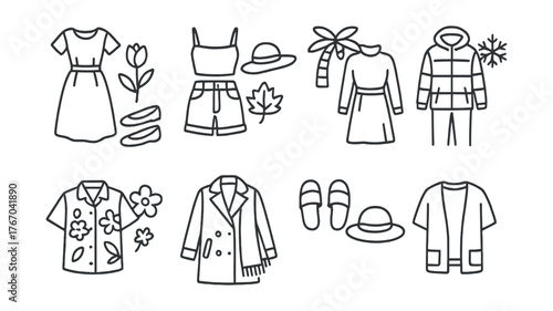 Line vector icons of fashion seasons: spring look, summer trend, autumn style, winter wear, floral prints, coats and scarves,