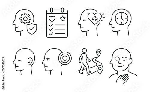 Line vector icons of mental wellbeing: coping mechanism, motivational board, healing process, life review, mental check,
