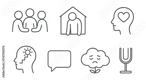 Line vector icons of mental wellbeing: group sharing, isolation feeling, emotional warmth, peaceful process, clarity steps, talk