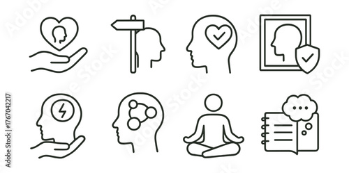 Line vector icons of mental wellbeing: compassionate care, psychological guide, emotional focus icon, safe session, trauma care,