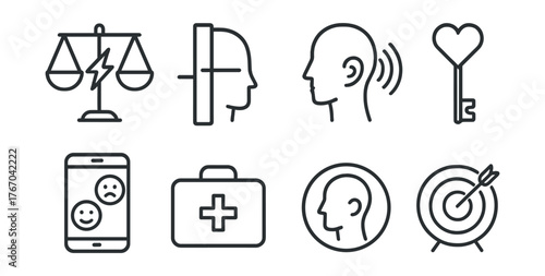 Line vector icons of mental wellbeing: energy balance, life boundaries, emotional echo, acceptance key, daily emotion scan, mental