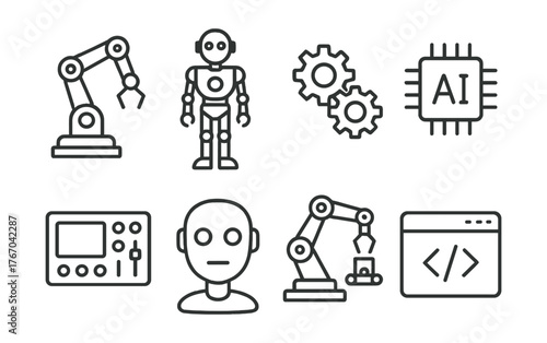 Line style icons of robotics and automation: mechanical arm, humanoid robot, gear system, AI chip, control panel, robot face,