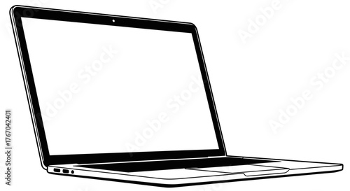 A minimalist black and white line art illustration of a portable computer from a side perspective view, featuring a blank screen ideal for mockups