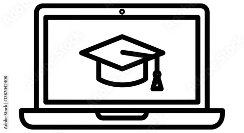 Line art icon of a laptop with a graduation cap symbolizing online learning, e-learning, distance education, virtual courses, and digital academy certification
