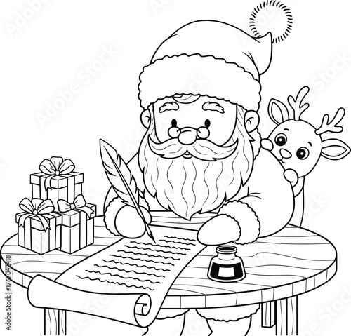 Whimsical santa claus writing a letter with a cute reindeer companion and gifts