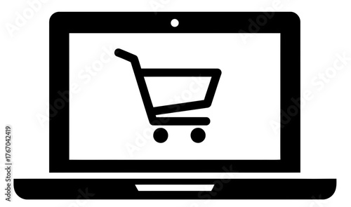 A minimalist black and white vector icon of a laptop with a shopping cart, illustrating the concept of online shopping, e-commerce, and digital checkout