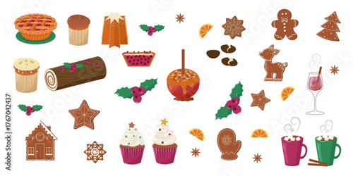 Festive flat design food set. Christmas winter desserts and drinks: gingerbread house, log cake, panettone, hot chocolate. Vector illustration for banners, menu, social media