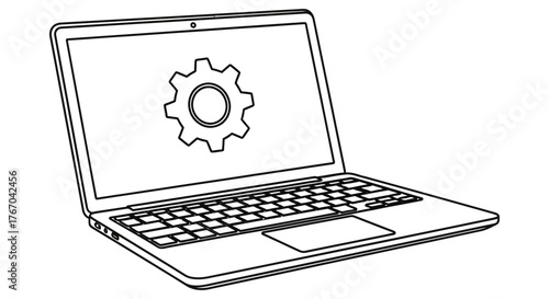Conceptual line art illustration of a laptop computer with a gear icon on the screen, representing settings, configuration, and technology operations