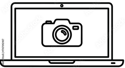 Digital Camera on a Laptop Screen Minimalist Line Art for Photography Websites, Blog Graphics, and Online Tech Tutorials