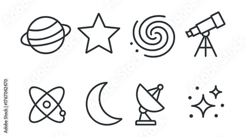 Line style icons of astronomical studies: planet, star, galaxy swirl, telescope, orbit line, moon, satellite dish, universe
