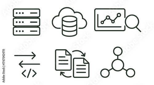 Line style icons of big data processing: server stack, cloud database, analytics graph, search icon, data transfer, file sync,