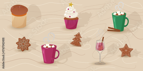 Christmas coffee time set. Flat design with panettone, gingerbread cookies, cups of cocoa and mulled wine glass, isolated. Winter vector illustration for social media, menu, banners
