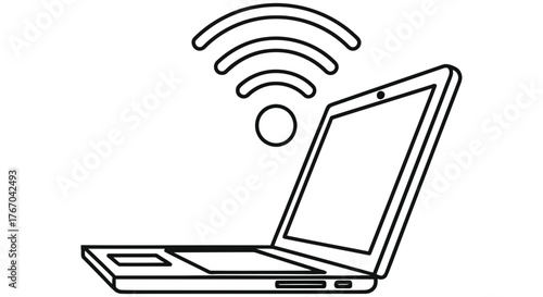 Minimalist vector illustration of a laptop emitting a wi-fi signal, representing wireless connectivity and modern communication technology for digital users