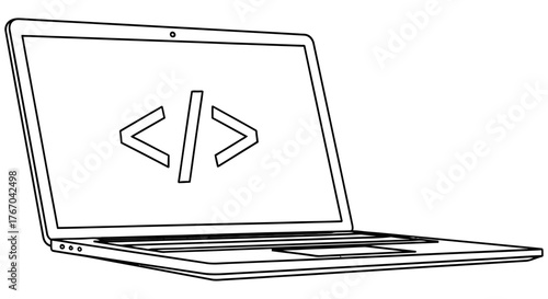 Clean black and white outline drawing of a modern laptop showing programming code brackets, symbolizing software development, web design, information technology, and the digital workflow