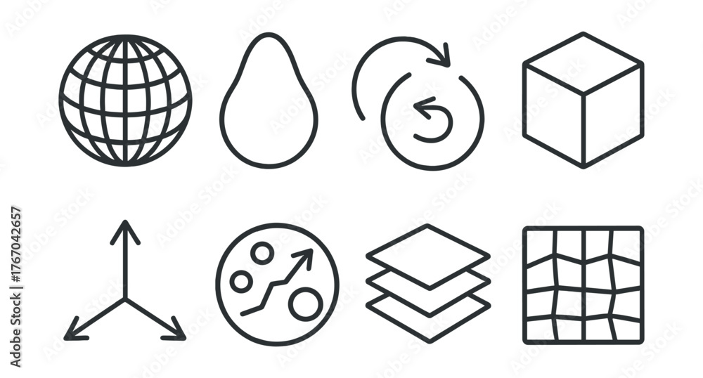 Obraz premium Line style icons of 3D modeling for science: object mesh, shape outline, rotation tool, cube model, transformation axis,