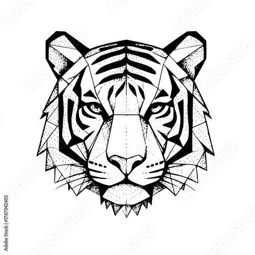 Tiger head illustration, geometric style, detailed drawing
