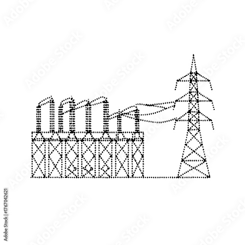 Power plant illustration, linear style, detailed outline drawing