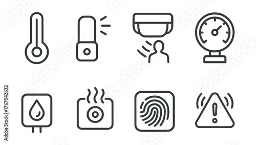 Line style icons of scientific sensors: temperature sensor, light detector, motion tracker, pressure gauge, humidity reader, gas