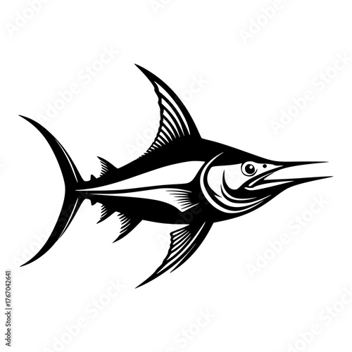 Blue marlin fish illustration, monochrome style, detailed drawing