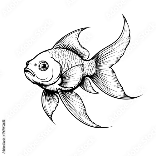 Goldfish illustration, monochrome style, detailed drawing