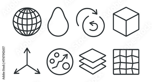 Line style icons of 3D modeling for science: object mesh, shape outline, rotation tool, cube model, transformation axis,