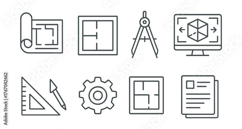 Line style icons of engineering process: blueprint roll, structure plan, compasses, CAD view, sketch triangle, mechanism gear,