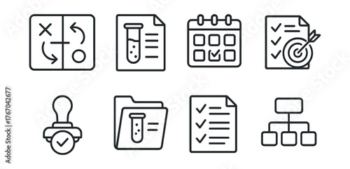 Line style icons of scientific projects: planning board, lab report, task calendar, success checklist, review stamp, test folder,