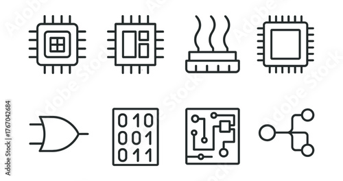 Line style icons of microprocessors: CPU core, chip layout, heat sink, processor pins, logic gate, binary block, schematic board,
