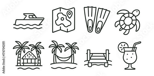 Line vector icons of island hopping: boat transfer, island map, snorkel fins, sea turtle icon, island resort, hammock between