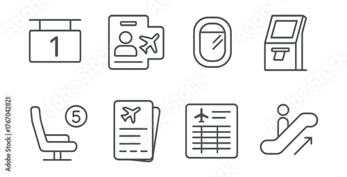 Line vector icons of airport departure: gate number, security pass, plane window, check-in kiosk, seat number icon, boarding zone,