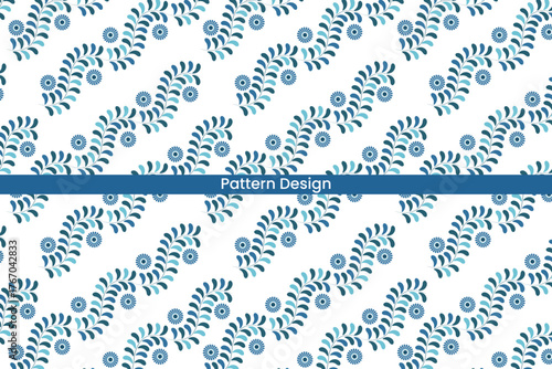 Seamless repeating pattern of stylized blue green floral branches and leaves on a white background