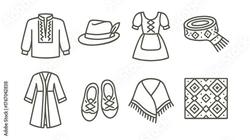 Line style icons of traditional clothing: embroidered shirt, national hat, folk dress, patterned belt, cultural robe, traditional