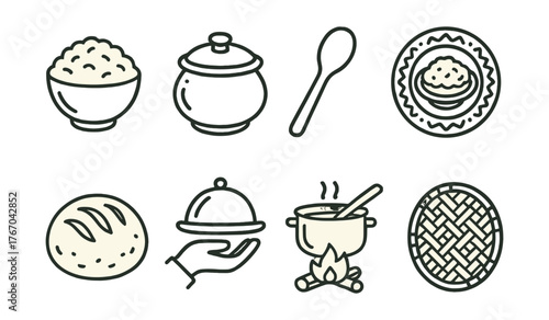 Line style icons of traditional food culture: bowl of rice, clay pot, wooden spoon, national plate, handmade bread, food serving,