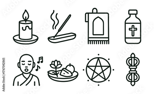 Line style icons of sacred rituals: ritual candle, incense, prayer mat, holy water, chanting figure, offering plate, sacred circle