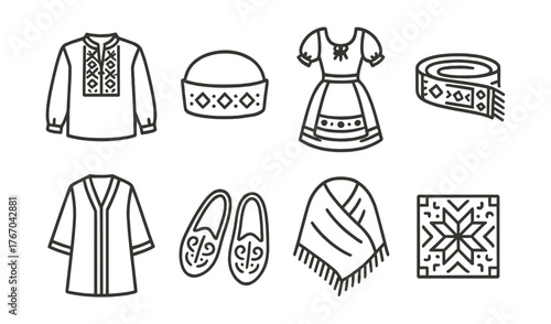 Line style icons of traditional clothing: embroidered shirt, national hat, folk dress, patterned belt, cultural robe, traditional