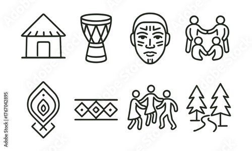 Line style icons of tribal communities: village hut, ritual drum, painted face, tribal gathering, cultural mark, native pattern,